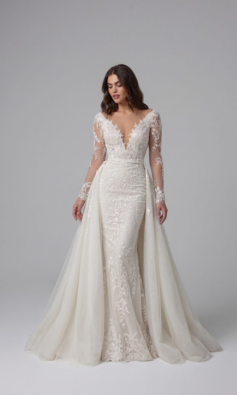 Mermaid wedding dress in floral beaded lace with deep V-neckline, long illusion sleeves, open back and detachable tulle overskirt